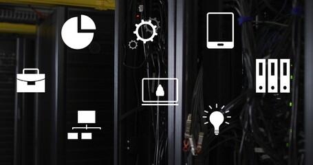Poster - Image of multiple digital icons floating against close up of a computer server