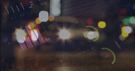 Poster - Blurred city lights at night with overlaid digital graphs and data visualizations