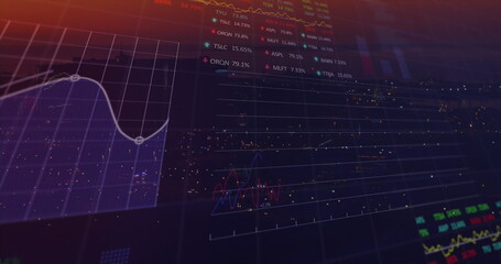 Poster - Image of statistical, stock market data processing against aerial view of cityscape at night