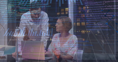 Poster - Image of statistical data processing over diverse man and woman discussing over laptop at office