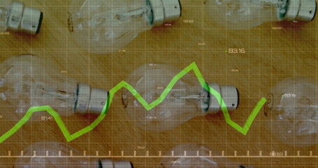 Poster - Image of statistical data processing against close up view of electric bulbs on wooden table