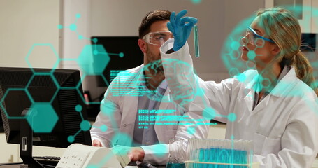 Poster - image of medical data processing over diverse male and female scientists working at laboratory