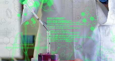 Poster - Image of data processing over mid section of a scientist performing experiment at laboratory