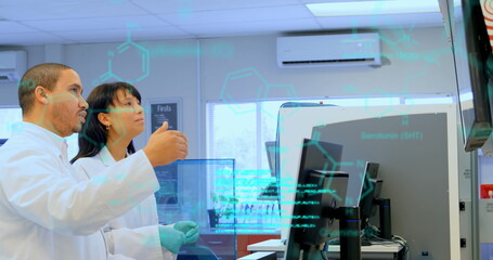 Poster - Image of data processing over diverse male and female scientists discussing at laboratory