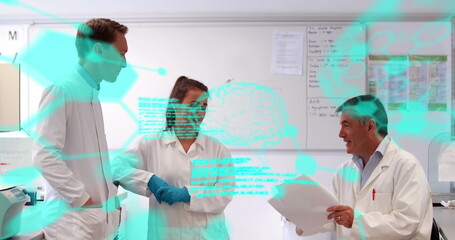 Poster - image of medical data processing over team of diverse scientists discussing at laboratory