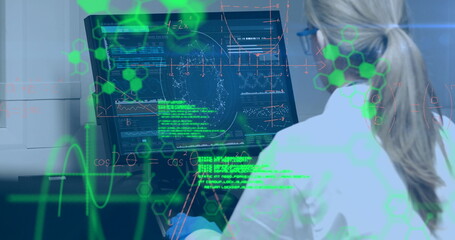 Poster - Image of data processing against rear view of female scientist using computer at laboratory