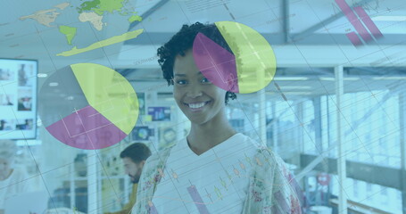 Poster - Image of statistical data processing over portrait of african american woman smiling at office