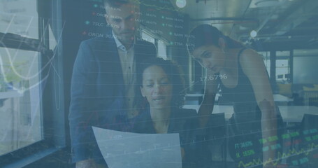Poster - Image of data processing against diverse businesspeople discussing over document at office