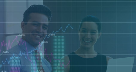 Poster - Image of data processing against diverse businessman and businesswoman discussing over a laptop