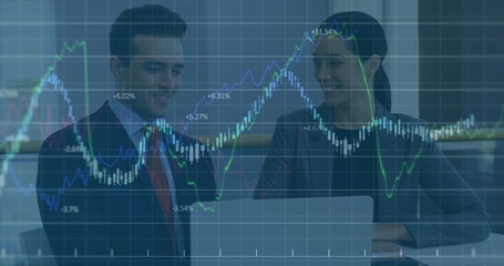 Poster - Image of data processing against diverse businessman and businesswoman discussing over a laptop