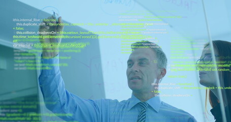 Poster - Image of data processing over diverse man and woman discussing over glassboard at office
