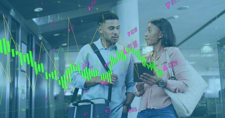Poster - Image of data processing against diverse man and woman discussing over a tablet at office