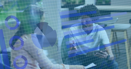 Poster - Image of statistical data processing against diverse man and woman discussing at office