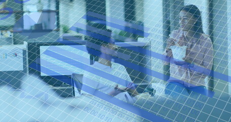 Poster - Image of statistical data processing against diverse man and woman discussing at office
