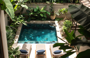 Wall Mural - A luxurious and private pool in Bali, surrounded by lush greenery with sun loungers under an umbrella