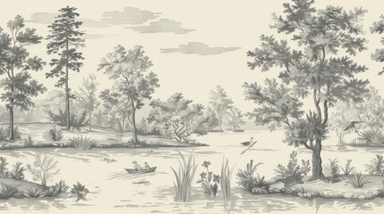 toile de jouy pattern with landscape scene - a black and white toile pattern depicting a classic pas