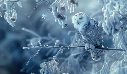 Wall Mural - A snowy owl perched on an icy branch, with the backdrop of a blue sky and white snowflakes. 