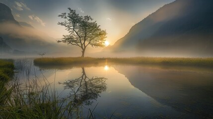 Wall Mural - forest with a lake wallpaper. landscape lake forest with fog wallpaper. landscape forest with lake and fog. landscape with a lake and mountains. landscape of mountain lake and forest.