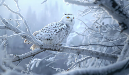 Wall Mural - A snowy owl perched on an icy branch, with the backdrop of a blue sky and white snowflakes. 