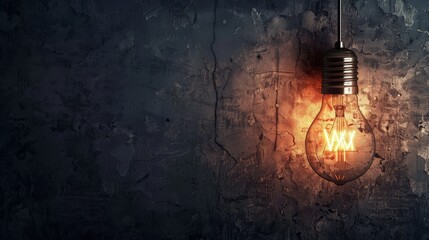 Poster - Glowing lightbulb on textured wall - A warm incandescent lightbulb hangs against a moody, textured wall, illuminating the surrounding darkness