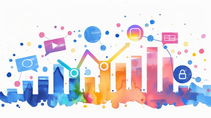 Poster - Colorful abstract splash art on white - An abstract representation of colorful paint splats and symbols over white background representing digital connectivity