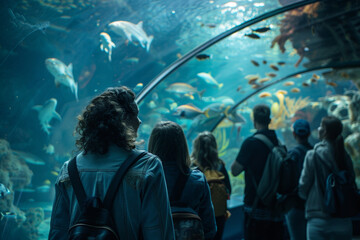 A group of people exploring an aquarium, looking at fish & sea creatures in tanks, with some standing near the glass or inside a tunnel that leads into another tank with different marine life. 