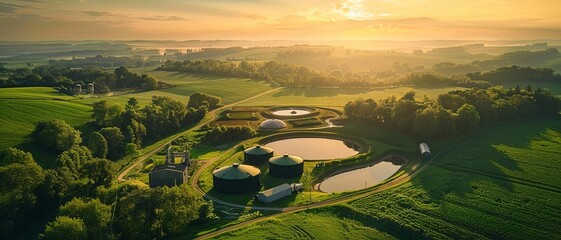 Aerial view of a biogas plant with large storage tanks on a lush green farm during sunset