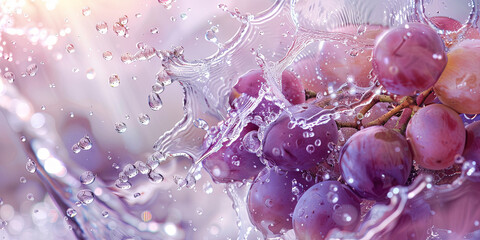 Wall Mural - water splashing around purple grapes, generative AI