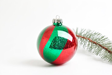 Wall Mural - A single, red and green Christmas ornament sits on a white background with a pine branch to the right. 