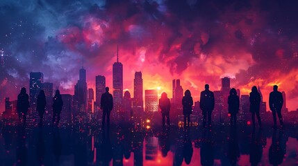 A group of business people in front of a night city skyline. 