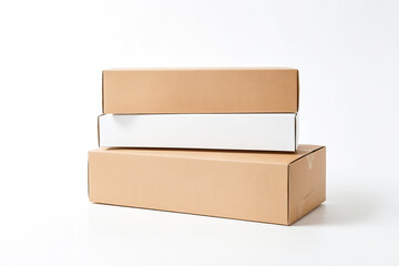 Three cardboard boxes are stacked on top of each other on a white background. The bottom two boxes are brown, and the top box is white. 