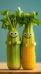 international friendship day celebration with two green vases filled with corn on the cob, placed on a wooden table against a blue wall, with a black eye in the background