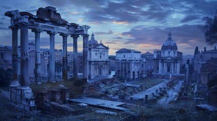 Sticker - As evening falls, the blue light of dusk envelops the Imperial Forum in Rome, highlighting its ancient structures. This UNESCO World Heritage Site in Lazio, Italy,