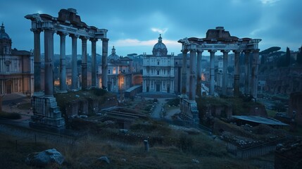 Sticker - As evening falls, the blue light of dusk envelops the Imperial Forum in Rome, highlighting its ancient structures. This UNESCO World Heritage Site in Lazio, Italy,