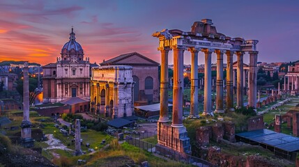 Sticker - As evening falls, the blue light of dusk envelops the Imperial Forum in Rome, highlighting its ancient structures. This UNESCO World Heritage Site in Lazio, Italy,