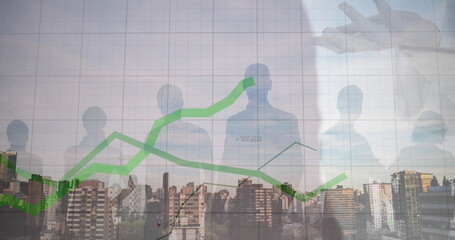 Canvas Print - Image of green lines and financial data processing over city