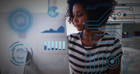Aufkleber - Image of financial data processing over biracial businesswoman using laptop