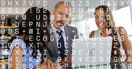 Poster - Image of letters and data processing over diverse business people using laptop