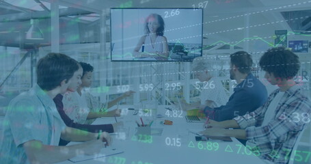 Poster - Image of changing numbers over diverse colleagues discussing with client over image call