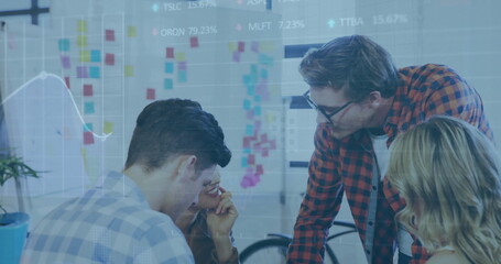 Poster - Image of infographic interface over caucasian businessman explaining blueprint to colleagues