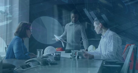 Poster - Image of infographic interface over diverse man walking to colleagues discussing ideas in office