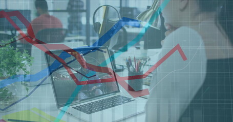 Poster - Image of infographic interface and caucasian woman discussing with man over image call in office
