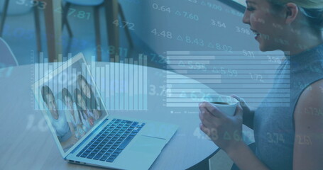 Poster - Image of infographic interface over caucasian woman having coffee and talking over image call