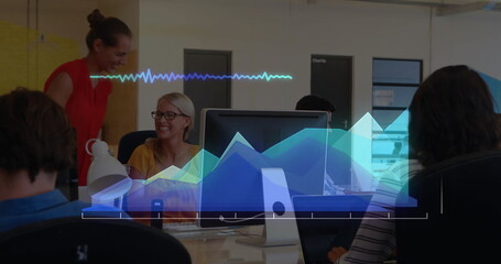 Poster - Image of graphs and soundwaves over caucasian colleagues using computer and giving high-five