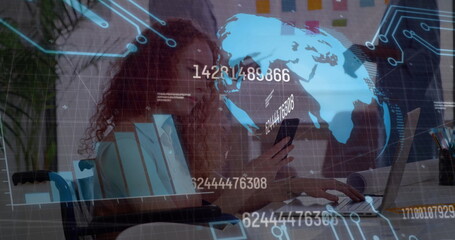 Poster - Image of graph, globe, number, coding over caucasian businesswoman using smartphone and laptop