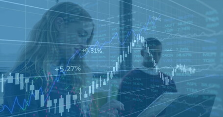 Poster - Image of multiple graphs moving over caucasian businesswoman using digital tablet in office