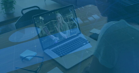 Poster - Image of infographic interface over diverse colleagues discussing over image call on laptop