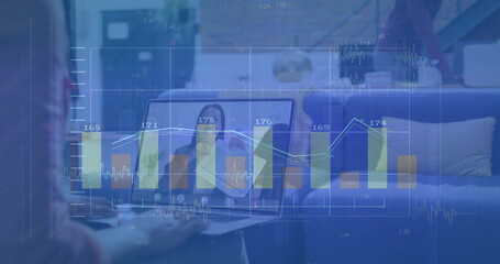 Poster - Image of graphs moving over asian businesswoman on laptop screen during image call in office