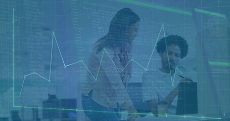 Poster - Image of graphs and spreadsheets over diverse colleagues planning over laptop in office