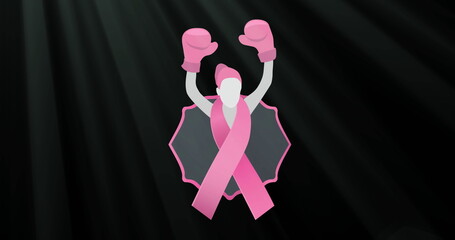 Sticker - Image of woman with boxing gloves representation on pink ribbon against black background